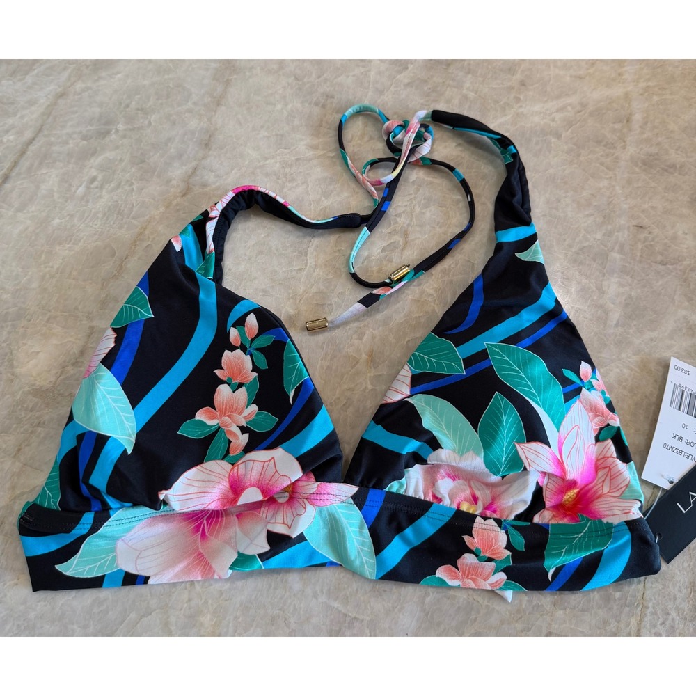 La Blanca Tropical Floral Halter Bikini Top Black Blue Pink LB3ZM70 Size 10 NEW